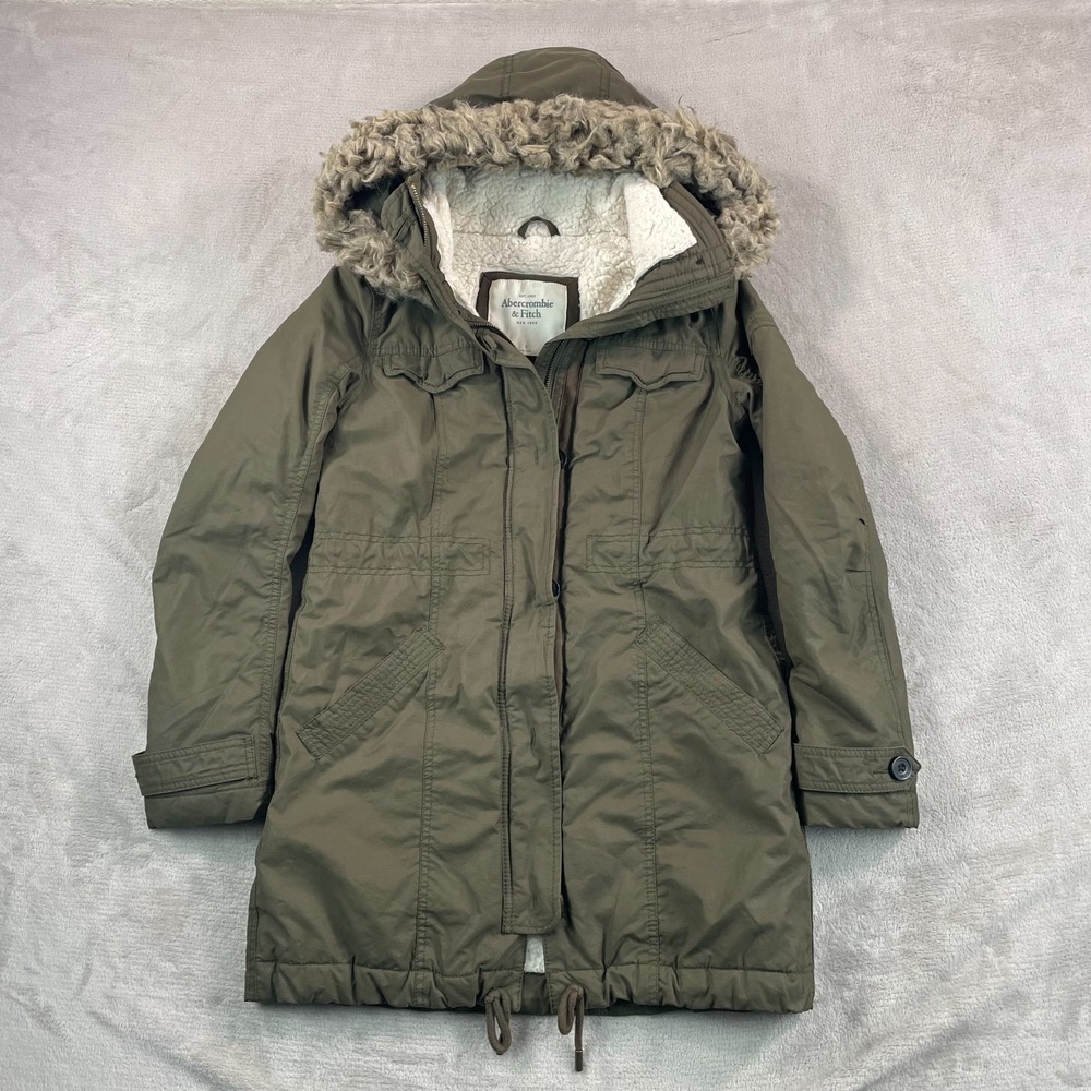 Abercrombie & Fitch Parka Women Small Olive Green Sherpa Lined Faux Fur‎ Hood